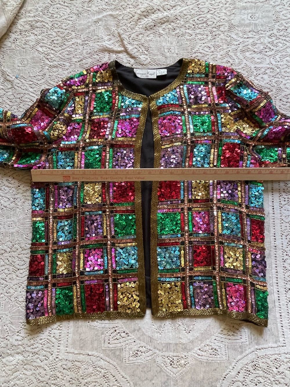 90s Laurence Kazar Multicolor Sequin Patchwork Jacket with Gold Trim - Picture 6 of 13